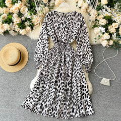 Leopard O Neck Long Sleeve A-line Elastic Ruched Streetwear Dresses