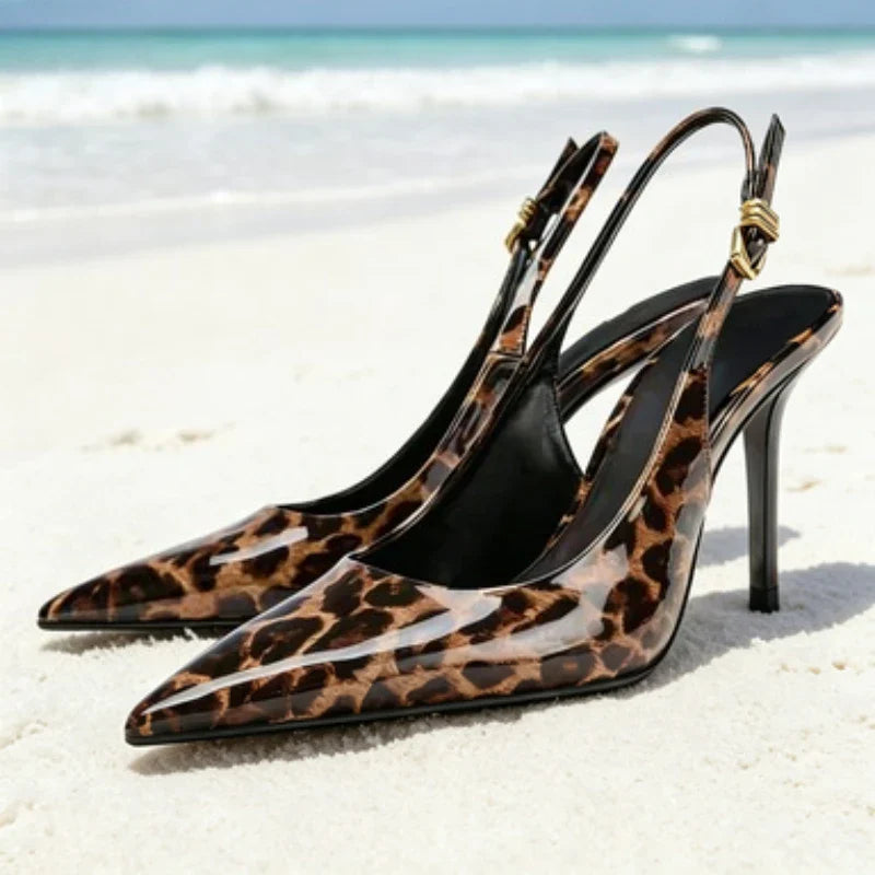 Leopard-print Patent Leather Pumps Pointed-toe Slingback High Heel
