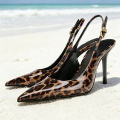 Leopard-print Patent Leather Pumps Pointed-toe Slingback High Heel