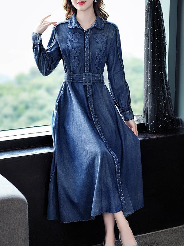 Long Maxi Full Sleeve With Belt Denim Dress