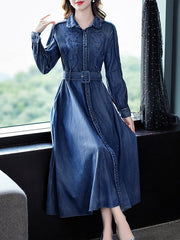 Long Maxi Full Sleeve With Belt Denim Dress