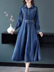 Long Full Sleeve Embroidery Dress With Belt