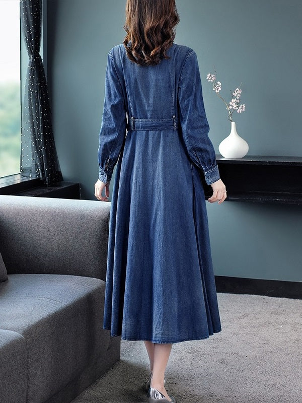 Long Maxi Full Sleeve With Belt Denim Dress