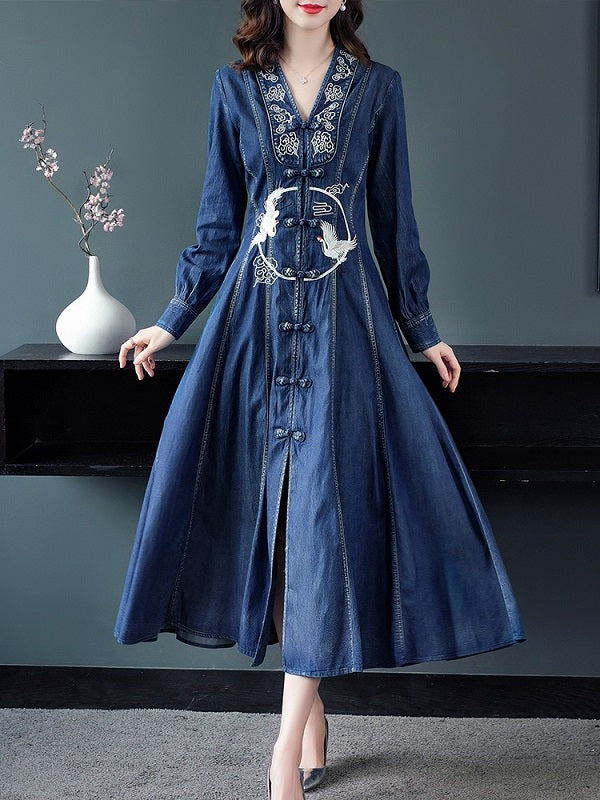 Long Maxi Embroidery Single Breasted Denim Dresses