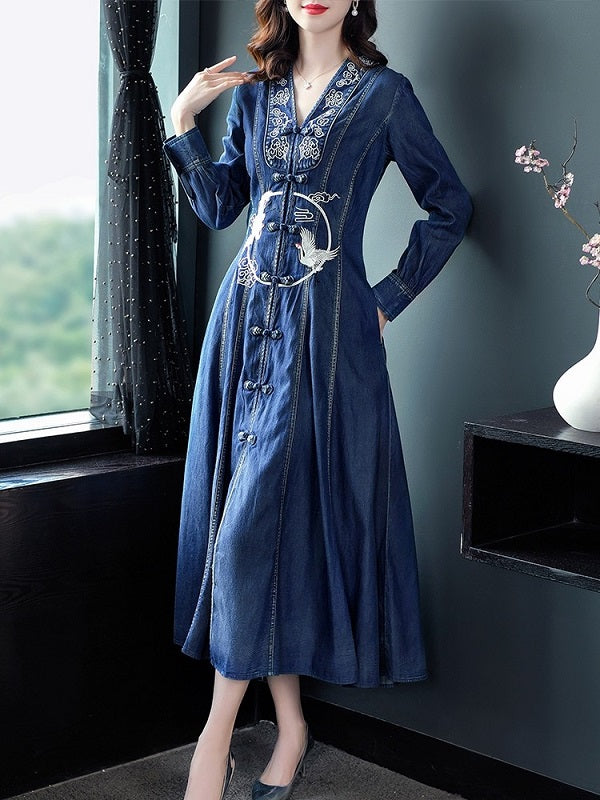 Long Maxi Embroidery Single Breasted Denim Dresses