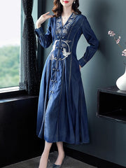 Long Maxi Embroidery Single Breasted Denim Dresses