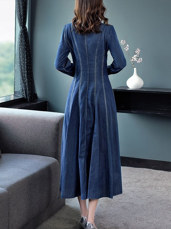 Long Maxi Embroidery Single Breasted Denim Dresses