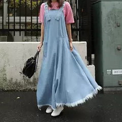 Long Maxi Sleeveless Tassels Denim Dress