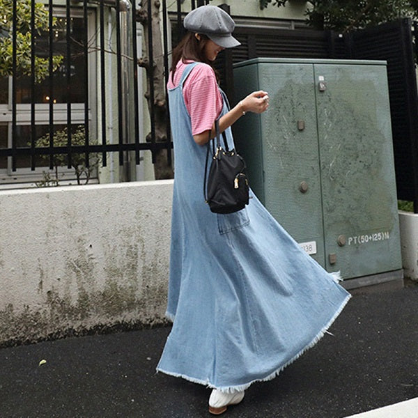 Long Maxi Sleeveless Tassels Denim Dress