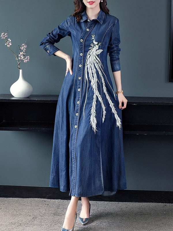 Long Maxi Style Embroidery Single Breasted Dress