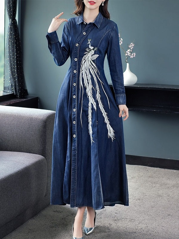 Long Maxi Style Embroidery Single Breasted Dress