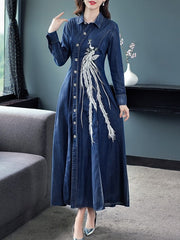 Long Maxi Style Embroidery Single Breasted Dress