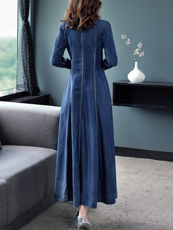 Long Maxi Style Embroidery Single Breasted Dress