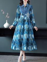 Long Mid-Calf Full Cotton And Linen Plaid Dress
