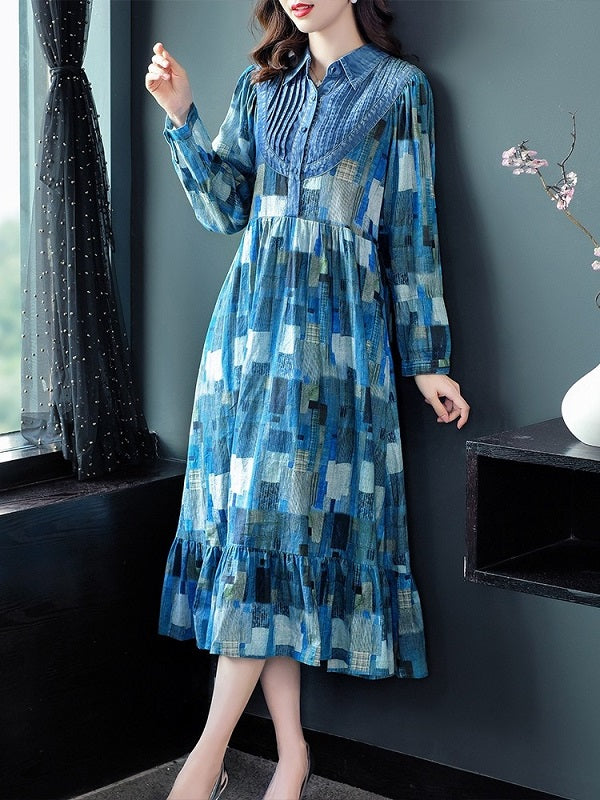 Long Mid-Calf Full Cotton And Linen Plaid Dress