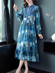 Long Mid-Calf Full Cotton And Linen Plaid Dress