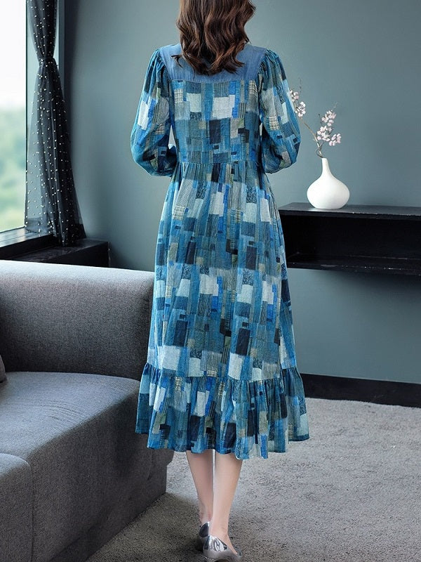 Long Mid-Calf Full Cotton And Linen Plaid Dress