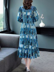 Long Mid-Calf Full Cotton And Linen Plaid Dress