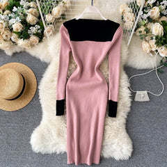 Long Sleeve Slash Neck Pencil Sweater Dresses