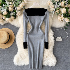 Long Sleeve Slash Neck Pencil Sweater Dresses