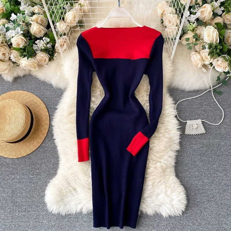 Long Sleeve Slash Neck Pencil Sweater Dresses