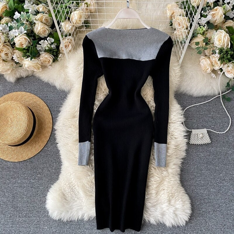 Long Sleeve Slash Neck Pencil Sweater Dresses