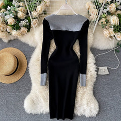 Long Sleeve Slash Neck Pencil Sweater Dresses