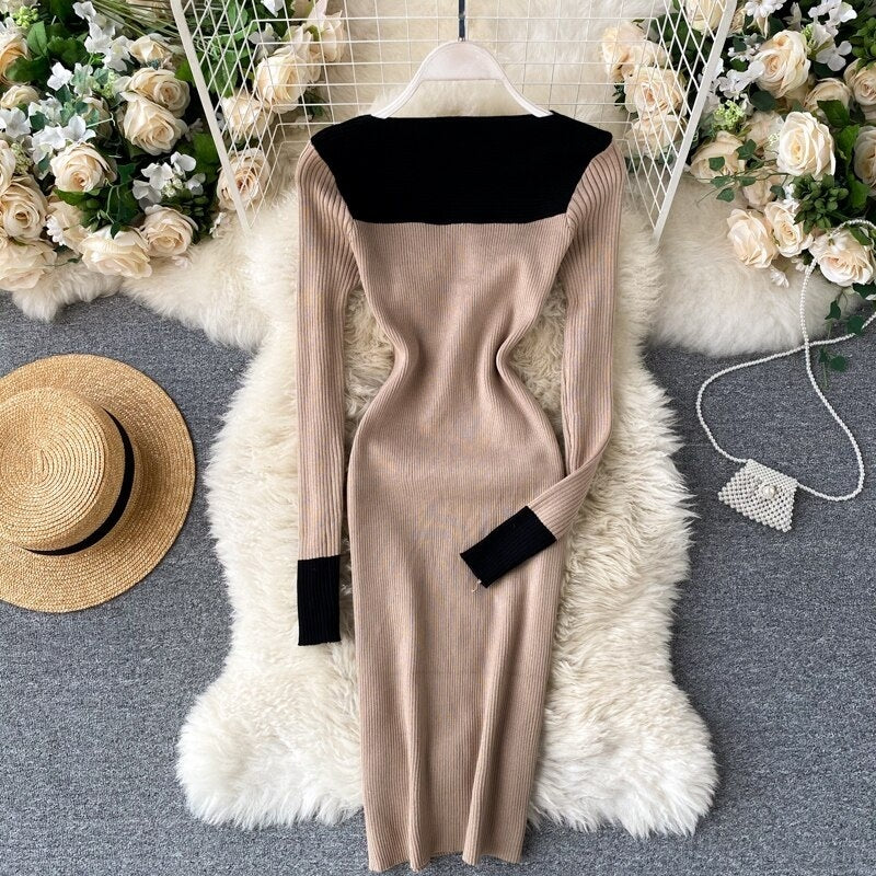 Long Sleeve Slash Neck Pencil Sweater Dresses