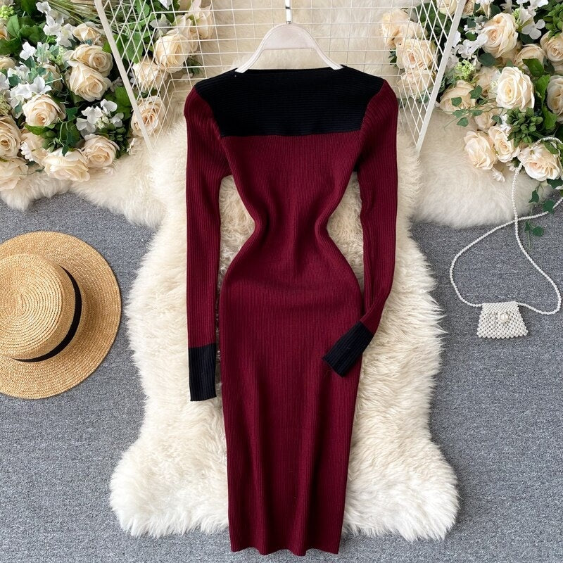 Long Sleeve Slash Neck Pencil Sweater Dresses