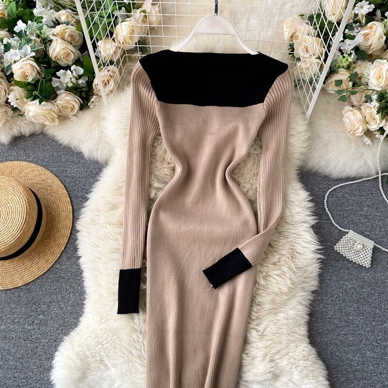 Long Sleeve Slash Neck Pencil Sweater Dresses
