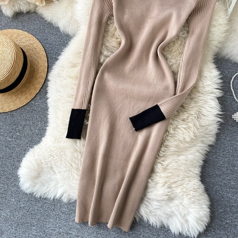 Long Sleeve Slash Neck Pencil Sweater Dresses