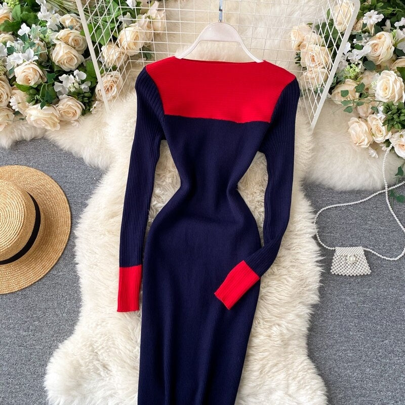 Long Sleeve Slash Neck Pencil Sweater Dresses