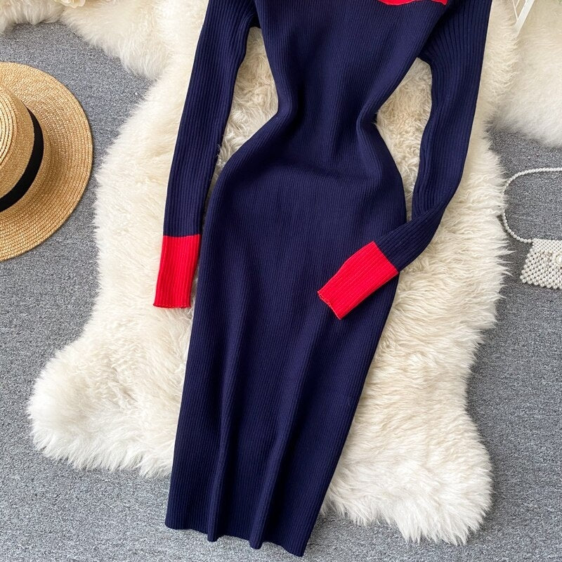 Long Sleeve Slash Neck Pencil Sweater Dresses