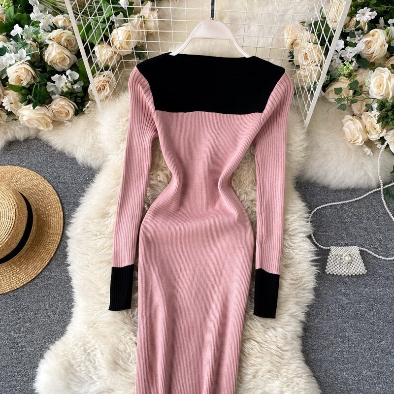 Long Sleeve Slash Neck Pencil Sweater Dresses