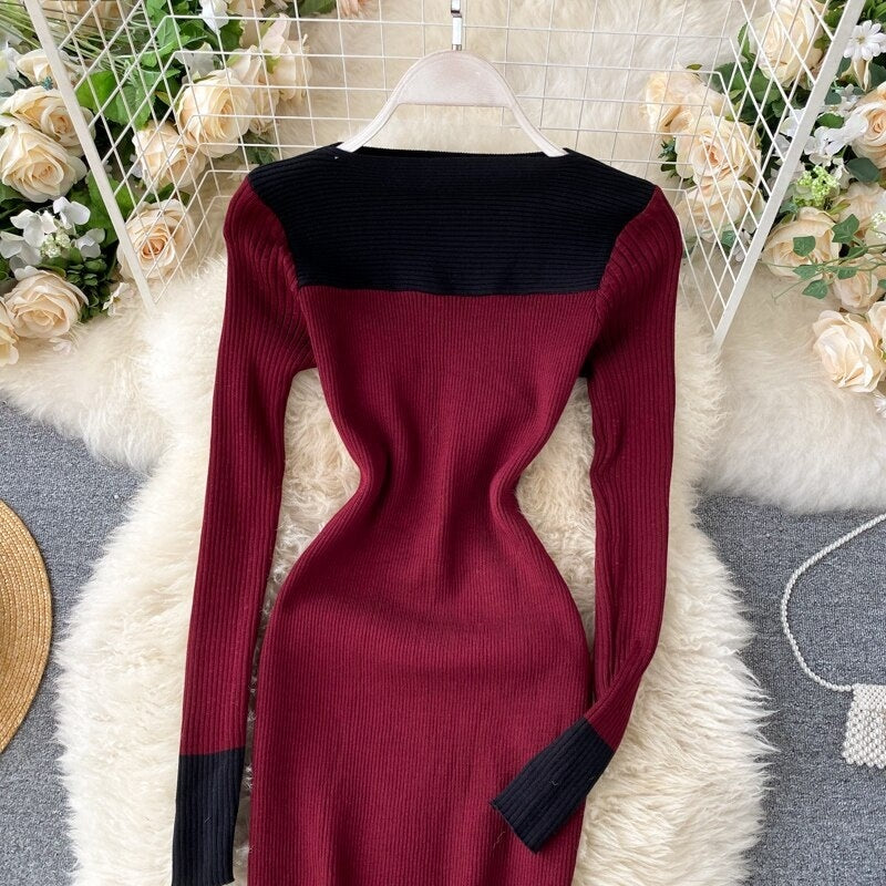 Long Sleeve Slash Neck Pencil Sweater Dresses