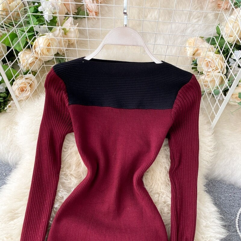 Long Sleeve Slash Neck Pencil Sweater Dresses