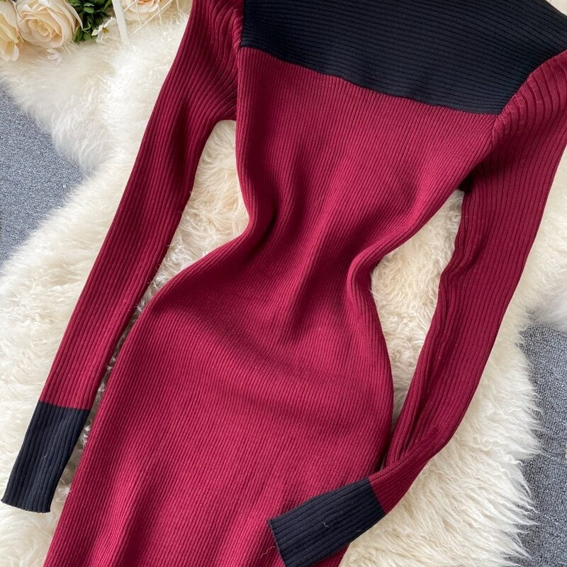 Long Sleeve Slash Neck Pencil Sweater Dresses