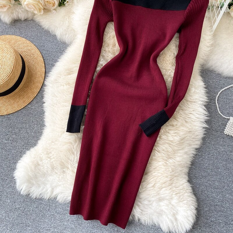Long Sleeve Slash Neck Pencil Sweater Dresses