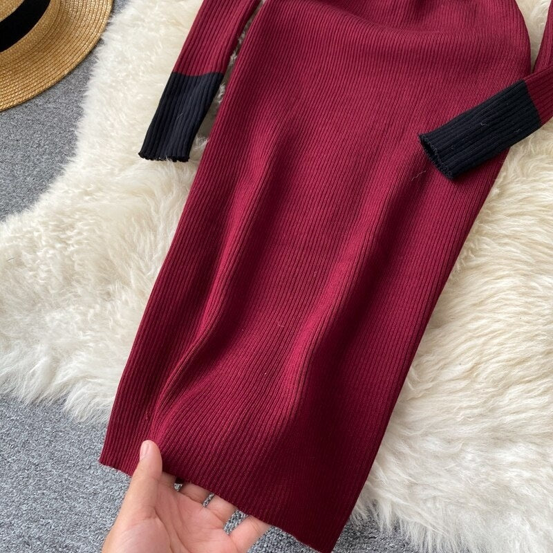 Long Sleeve Slash Neck Pencil Sweater Dresses