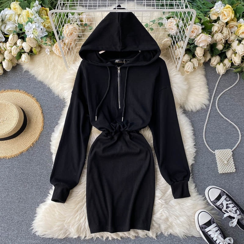 Long Sleeve Slim A-line Solid Chic Streetwear Short Dresses