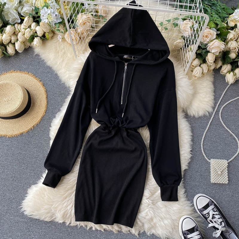 Long Sleeve Slim A-line Solid Chic Streetwear Short Dresses