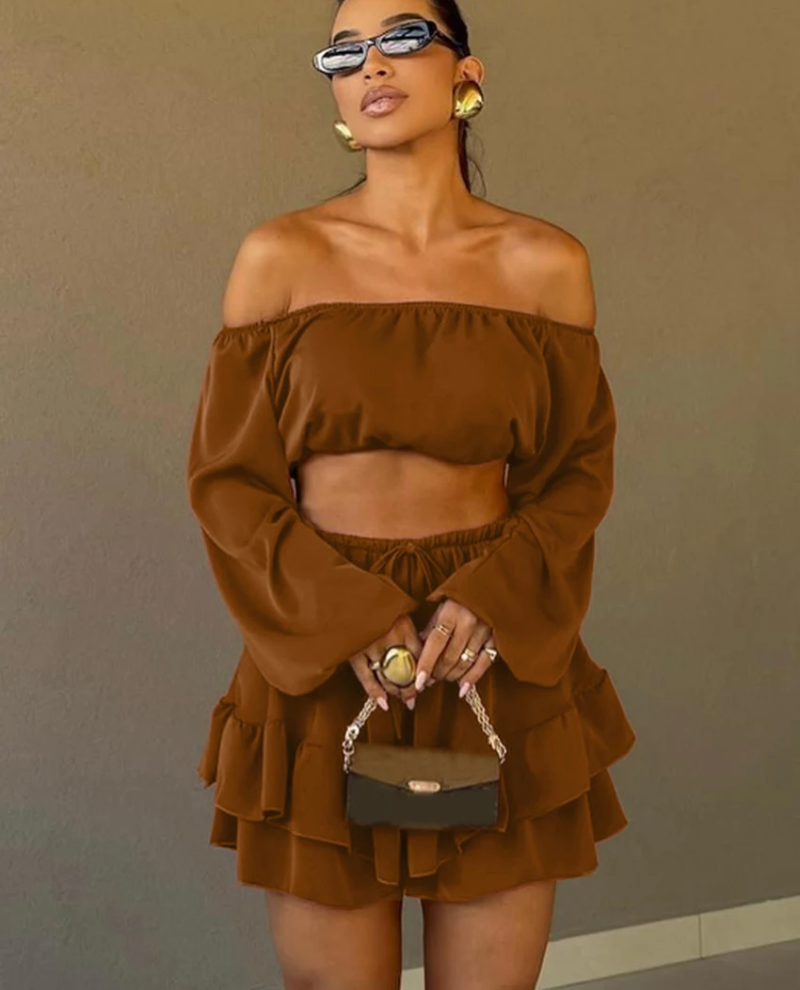 Loose Long Sleeve Crop Top With High Waist Pleated Mini Skirt Set