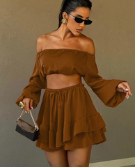 Loose Long Sleeve Crop Top With High Waist Pleated Mini Skirt Set