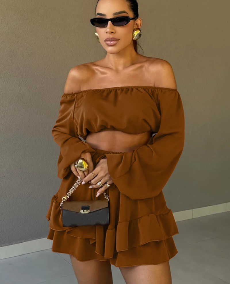 Loose Long Sleeve Crop Top With High Waist Pleated Mini Skirt Set