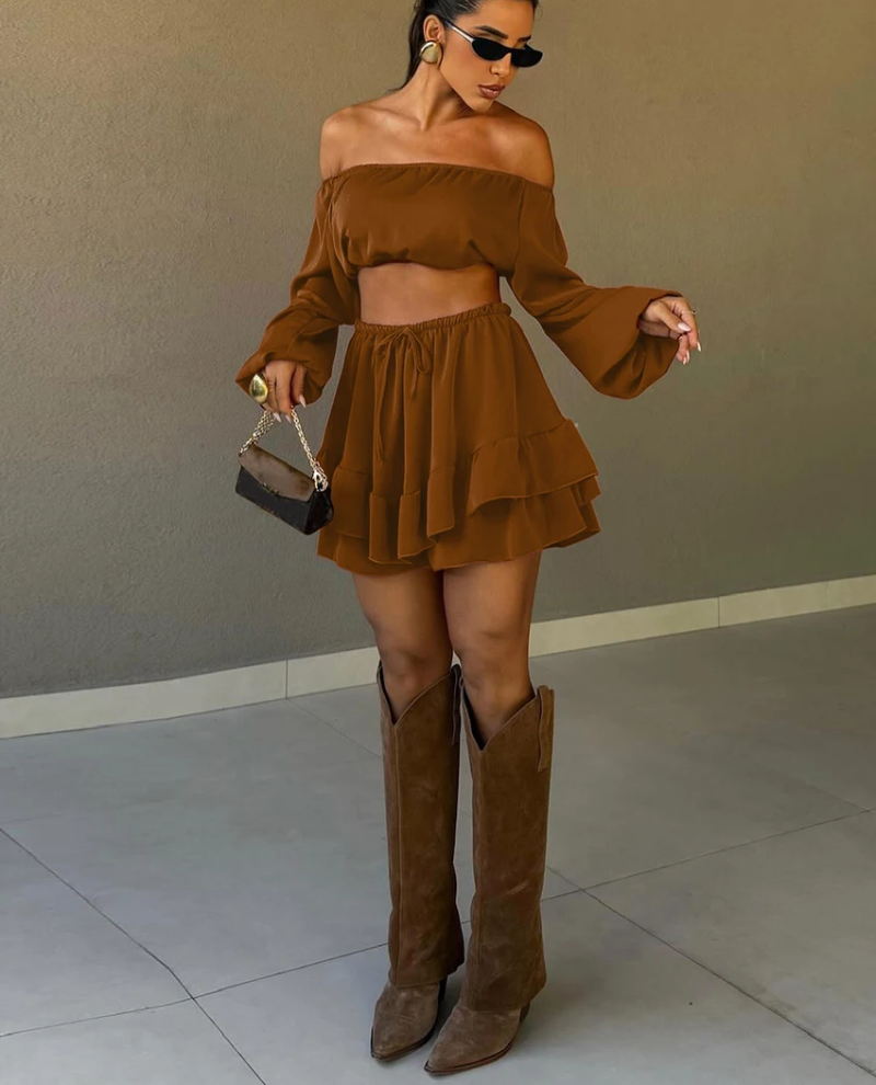 Loose Long Sleeve Crop Top With High Waist Pleated Mini Skirt Set