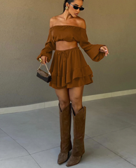 Loose Long Sleeve Crop Top With High Waist Pleated Mini Skirt Set