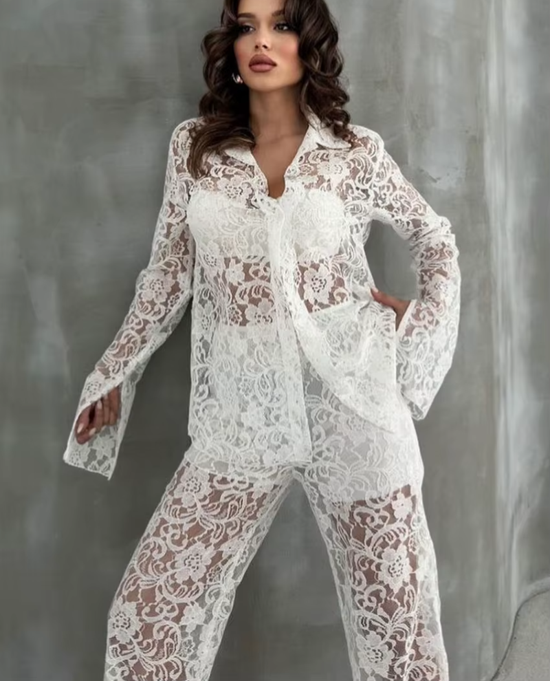 Loose Long Sleeve Shirt With High Waist Wide Pants Streetwear Two Pieces Set