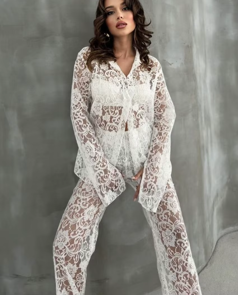 Loose Long Sleeve Shirt With High Waist Wide Pants Streetwear Two Pieces Set