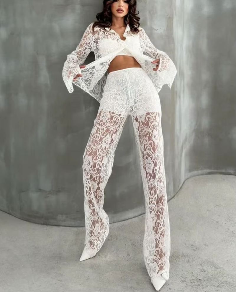 Loose Long Sleeve Shirt With High Waist Wide Pants Streetwear Two Pieces Set