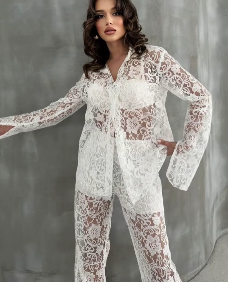 Loose Long Sleeve Shirt With High Waist Wide Pants Streetwear Two Pieces Set